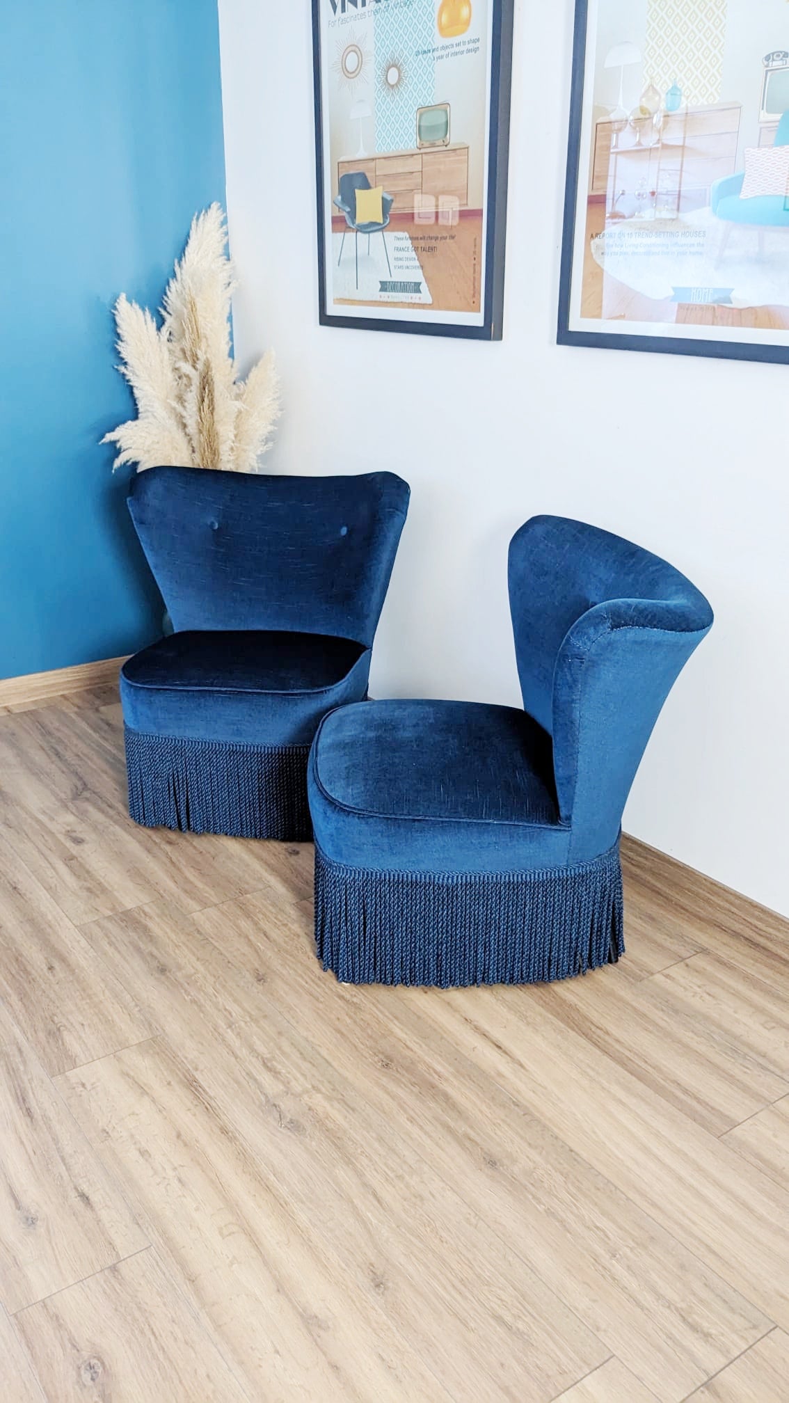 2 fauteuils crapaud bleu vintage