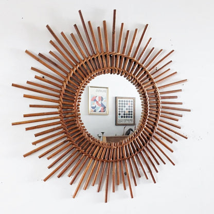 Miroir soleil vintage en rotin et osier
