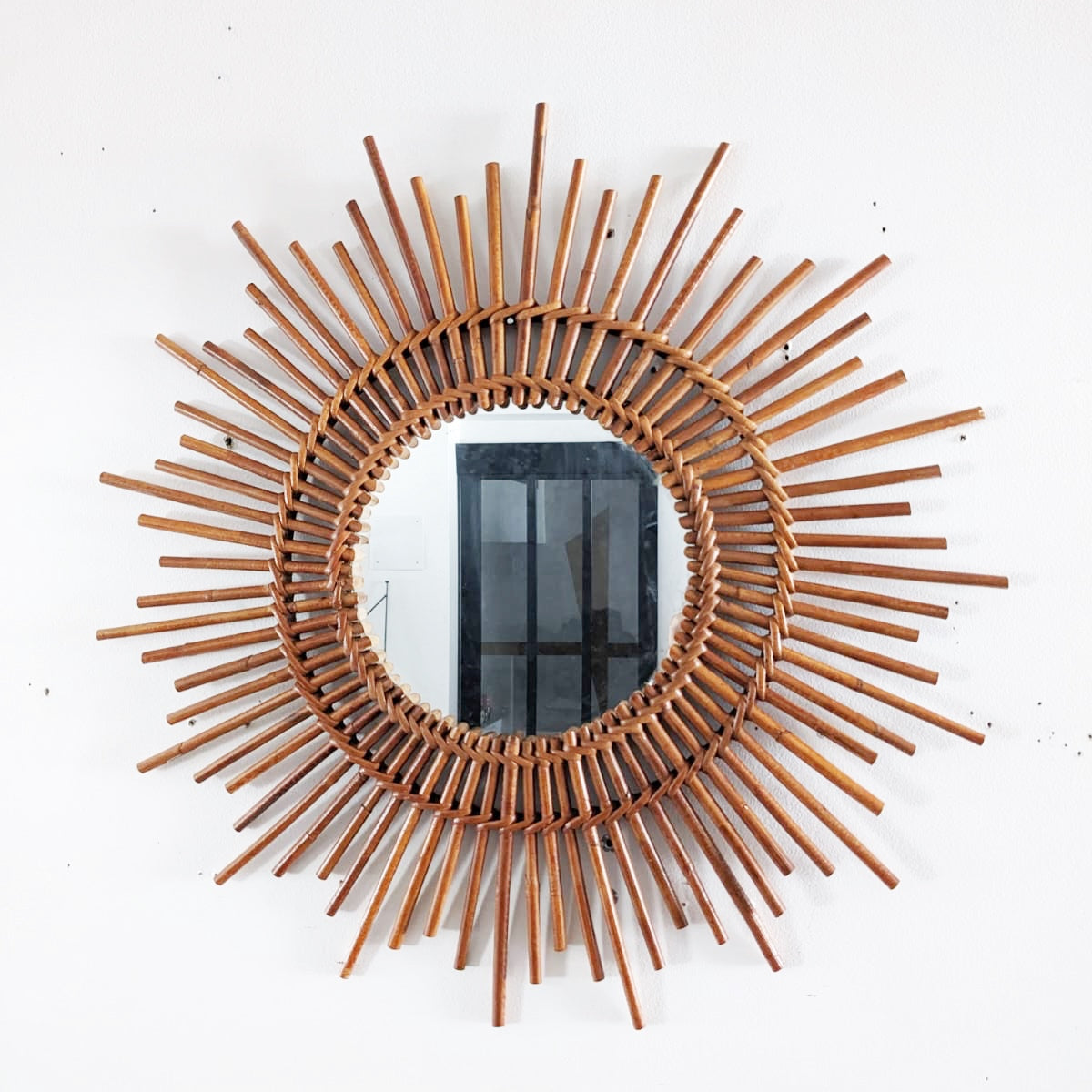 Miroir soleil vintage en rotin et osier