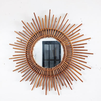Miroir soleil vintage en rotin et osier