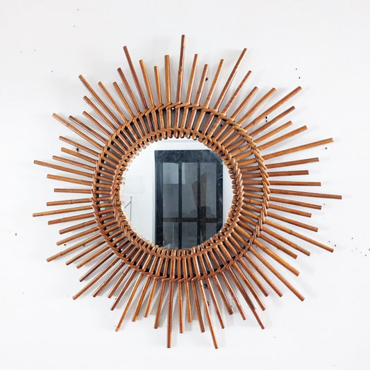 Miroir soleil vintage en rotin et osier