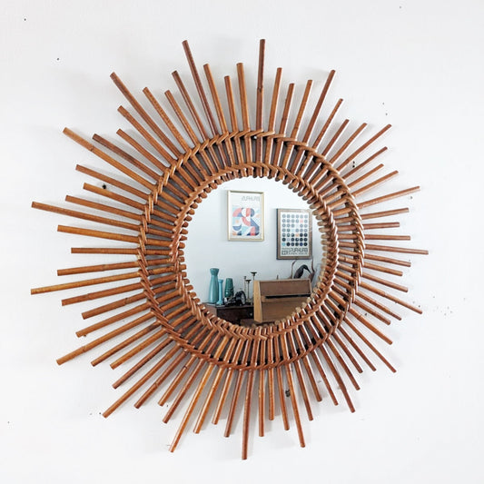 Miroir soleil vintage en rotin et osier