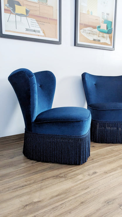 2 fauteuils crapaud bleu vintage